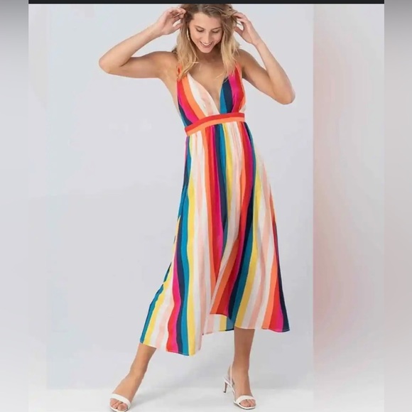 TR Notes Rainbow Stripe Strappy MIDI Dress Size Large - Picture 1 of 9